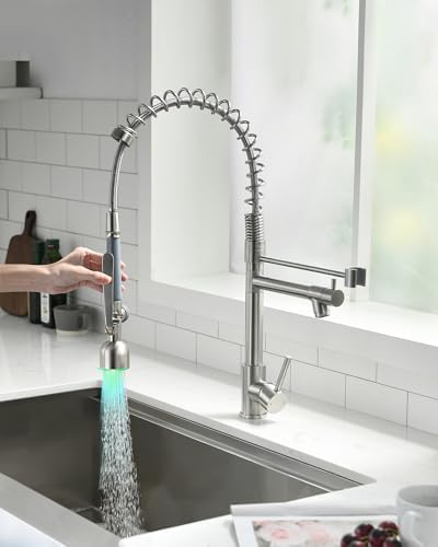 Fapully Commercial Single Handle Pull Down Sprayer Brushed Nickel Kitchen Faucet, Kitchen Sink Faucet with LED Light