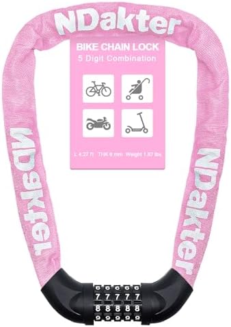 NDakter Bike Chain Lock, 5 Digit Combination Heavy Duty Anti Theft Bicycle Chain Lock,2.62/3.2/4.27/5/6Ft Long Security Resettable Bike Locks for Bike, Bicycle, Scooter, Door, Gate, Fence-4/6mm Thick