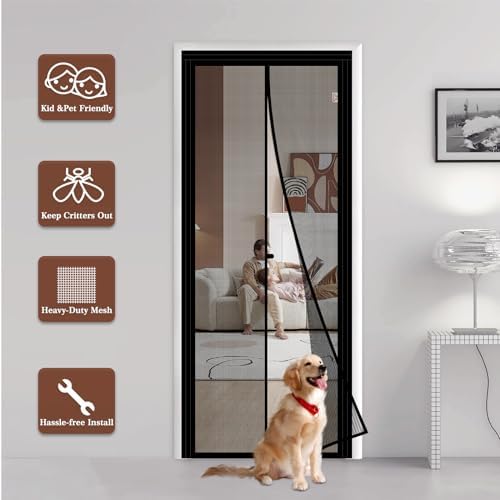 Yotache Adjustable Magnetic Screen Door Fit Doors Size Width 46"-50" Height 81"-83", Strengthened Fiberglass Net Curtain with Full Frame Hook&Loop Strip, Black