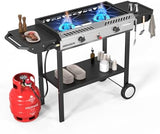 ROVSUN 2 Burner Outdoor Propane Gas Stove with Auto-ignition, Regulator & Shelf, 150,000 BTU Powerful Stand Cooker for Backyard Patio Cooking Home Brewing Canning Turkey Frying