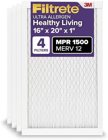 Filtrete 16x20x1 AC Furnace Air Filter, MERV 12, MPR 1500, CERTIFIED asthma & allergy friendly, 3 Month Pleated 1-Inch Electrostatic Air Cleaning Filter, 4-Pack (Actual Size 15.69 x 19.69 x 0.78 in)