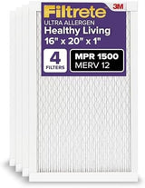 Filtrete 16x20x1 AC Furnace Air Filter, MERV 12, MPR 1500, CERTIFIED asthma & allergy friendly, 3 Month Pleated 1-Inch Electrostatic Air Cleaning Filter, 4-Pack (Actual Size 15.69 x 19.69 x 0.78 in)