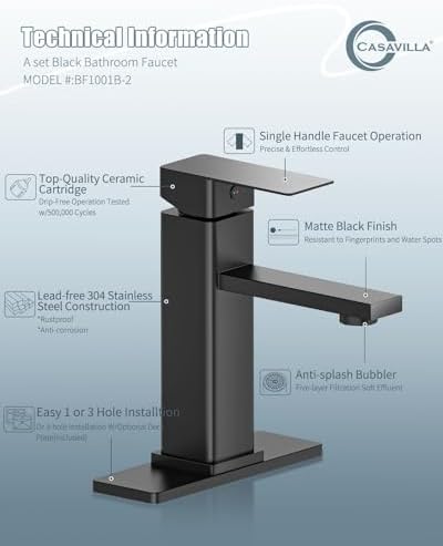 Bathroom Faucets Set with Pop Up Drain, Modern Single Handle Black Bathroom Sink Faucet w/Deck Plate(1 or 3 Hole), Farmhouse RV Vanity Sink Faucet-2 Sets, baño lavamanos Llave