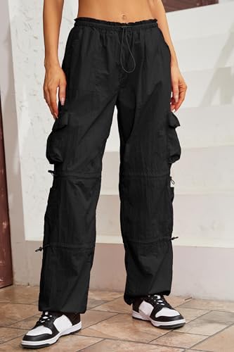 QYANGG Baggy Parachute Pants for Women& Girls Drawstring Elastic Low Waist Ruched Cargo Pants Multiple Pockets Jogger Y2K