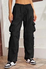 QYANGG Baggy Parachute Pants for Women& Girls Drawstring Elastic Low Waist Ruched Cargo Pants Multiple Pockets Jogger Y2K
