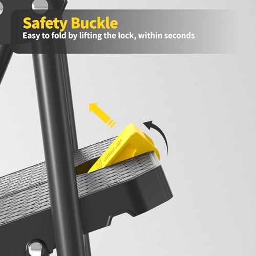 KINGRACK 3 Step Ladder, Sturdy Steel Step Stool with Safe-Lock Design, Handrail, Anti-Slip Wide Pedals, Pass 800lbs Load Testing, Folding Portable Ladder for Multi-Purpose, Home, Kitchen, Black