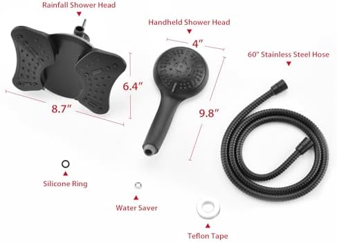 GRICH 2.5GPM Shower Heads with Handheld Spray Combo: High Pressure Rain Shower Heads with Built-in Power Wash, 9 Mode Adjustable Dual Rainfall Showerhead with Anti-Clog Nozzles and Hose, Black