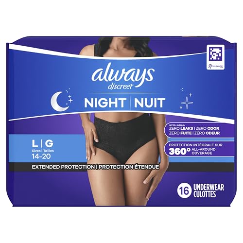 Always Discreet Adult Incontinence Overnight Underwear for Women, Large, Up to 100% Bladder Leak Protection, 48 Count (3 Packs of 16)