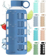 purifyou 40/32/22/12 oz Borosilicate Glass Water Bottles with Volume Markers, Silicone Sleeve, Stainless Steel Lid, Reusable Bottle for Water, Juice, Gym, and Fridge Storage (22oz Chinese Porcelain)