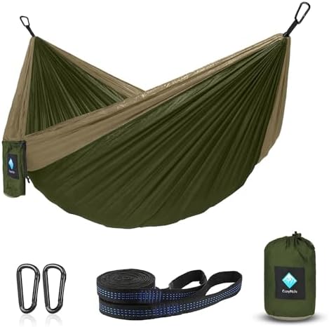 Hammock Camping, Portable Single/Double Hammocks for Outdoor Hiking Travel Backpacking - 210D Nylon Hammock Swing for Backyard & Garden (Green/Khaki)