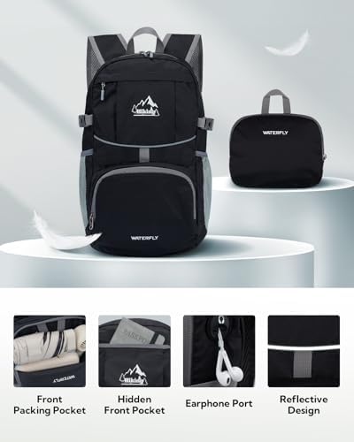 WATERFLY Hiking Foldable Daypack Backpack: 25L Ultra Lightweight Packable Waterproof Outdoor Travel Day Pack for Woman Man