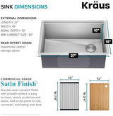 KRAUS Kore Workstation 27-inch Undermount 16 Gauge Stainless Steel Kitchen Sink, Single Bowl Kitchen Sink with Accessories, KWU110-27