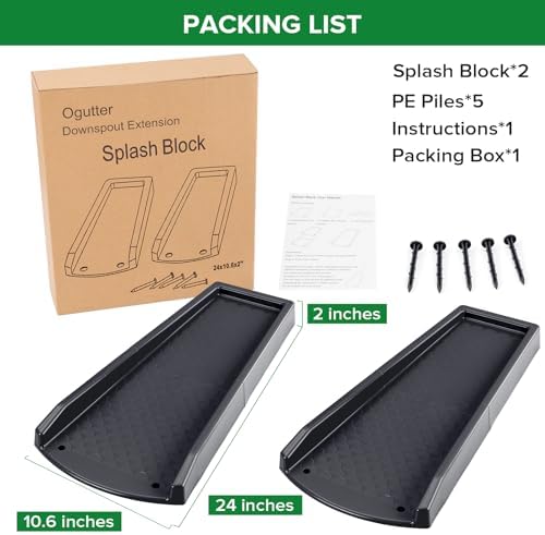 Splash Blocks for Gutters Downspouts, 24" Downspout Extensions for Rain Water Drainage, Thickened Gutter Splash Guard with Fixing Piles(2 Pack, Black)