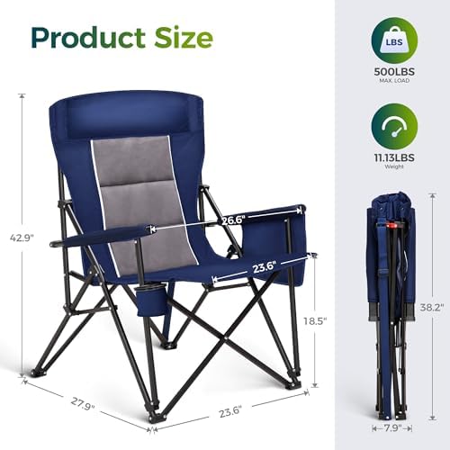 ALPHA CAMP Oversized Folding Camping Chairs High Backrest Heavy Duty Lawn Chairs for Adults Support 500 LBS Portable Camp Chairs with Cup Holders Large Side Pocket for Outdoor