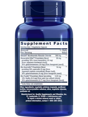 Life Extension NAD+ Cell Regenerator and Resveratrol Elite, NIAGEN nicotinamide riboside, Trans-resveratrol, quercetin, Fisetin, for Longevity, Energy, and oxidative Stress, 30 Vegetarian Capsule