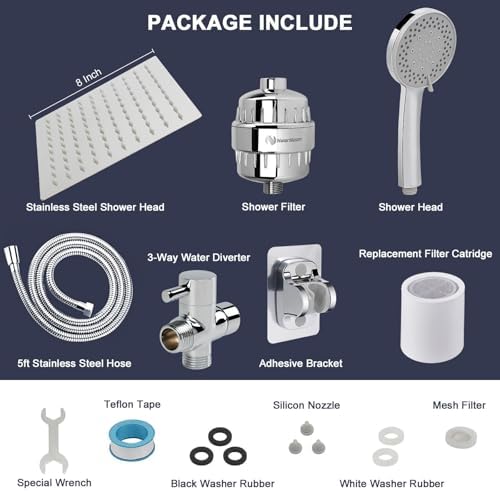 NearMoon Filtered Shower Head, High Pressure 8″Square, 5 settings Handheld Rain Shower Filter Combo with Self-adhesive Holder/1.5M Hose -1 Replaceable Filter Cartridge (Chrome Finish)