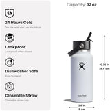 HYDRO FLASK Wide Mouth vacuum insulated stainless steel water bottle with leakproof closeable straw lid for cold water drinks, sports, travel, car and school