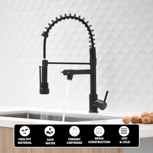 AIMADI Black Kitchen Faucet with 2 Function Sprayer,Commercial Stainless Steel Single Handle Single Hole Spring Matte Black Kitchen Faucet