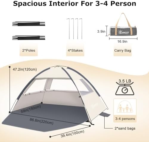 COMMOUDS Beach Tent Sun Shade for 3/4-5/6-7/8-10 Person, UPF 50+ Beach Sun Shelter Canopy Tent, Lightweight, Easy Set Up and Carry