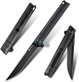 Flipper Pocket Folding Knife,DC53 Steel Blade and G10 Handle. With pocket clip and glass breaker,men's pocket knife hiking trip EDC tool Knife (Black PVD Blade-D)