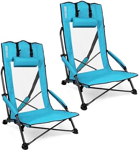 SPORT BEATS Low Beach Chairs Set of 2 Folding Beach Chairs High Back Support with Head Pillows Shoulder Straps
