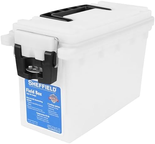 Sheffield 12635 Ammo Storage Box, Stackable .30 Cal Field Boxes, Water and Dust Resistant, Lockable Storage Box with Handle, Secures Hunting Gear, Supplies, and Bullets, Made in USA, Frost, 1-Pack