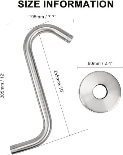 NearMoon S Shaped Shower Head Riser Pipe, Shower Extender Arm with Flange, Standard 1/2" Connection- Bathroom Accessory, 12 Inch (1 Pack, Brushed Nickel)