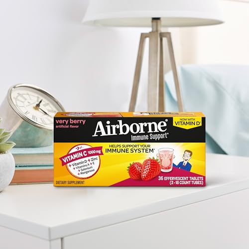Vitamin C 1000mg (per serving) - Airborne Very Berry Effervescent Tablets (36 count in a box), Gluten-Free Immune Support Supplement, With Vitamins A C E, ZINC, Selenium, Echinacea & Ginger