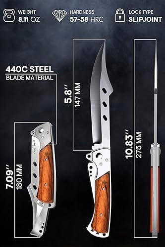 Grand Way Long Blade Folding Knife - Sharp Hunting Hiking Camping Tactical Survival Work Knives for Men Women - Foldable Large Knife with Rosewood Handle - Stocking Stuffers Gifts 4172