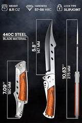 Grand Way Long Blade Folding Knife - Sharp Hunting Hiking Camping Tactical Survival Work Knives for Men Women - Foldable Large Knife with Rosewood Handle - Stocking Stuffers Gifts 4172