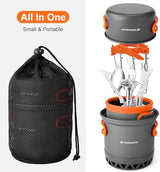 Odoland Camping Pots with Heat Exchanger Camping Cooking Set with Portable Camping Stove Camping Mess Kit Include Mug, Folding Utensil Set, Canister Stabilizer for Backpacking Outdoor Hiking & Picnic