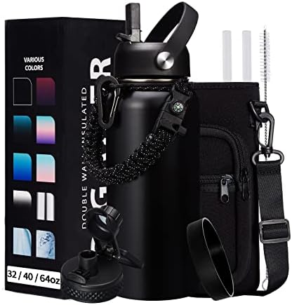 32-40-64OZ Stainless Steel Water Bottle - Black Water Bottle with Straw & Spout Lid, Paracord Handle & Bottle Sleeve, Insulated Vacuum Water Flask Double-Wall Metal Thermo Cup Canteen for Gym School