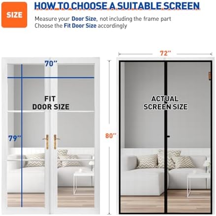 MAGZO Magnetic Screen Door Fit Door Size 70 x 79 Inch, Screen Size 72" x 80" Strong Magnet French Style Mesh, Heavy Duty Fiberglass Mesh with Hook & Loop for Sliding Entrance, Gray