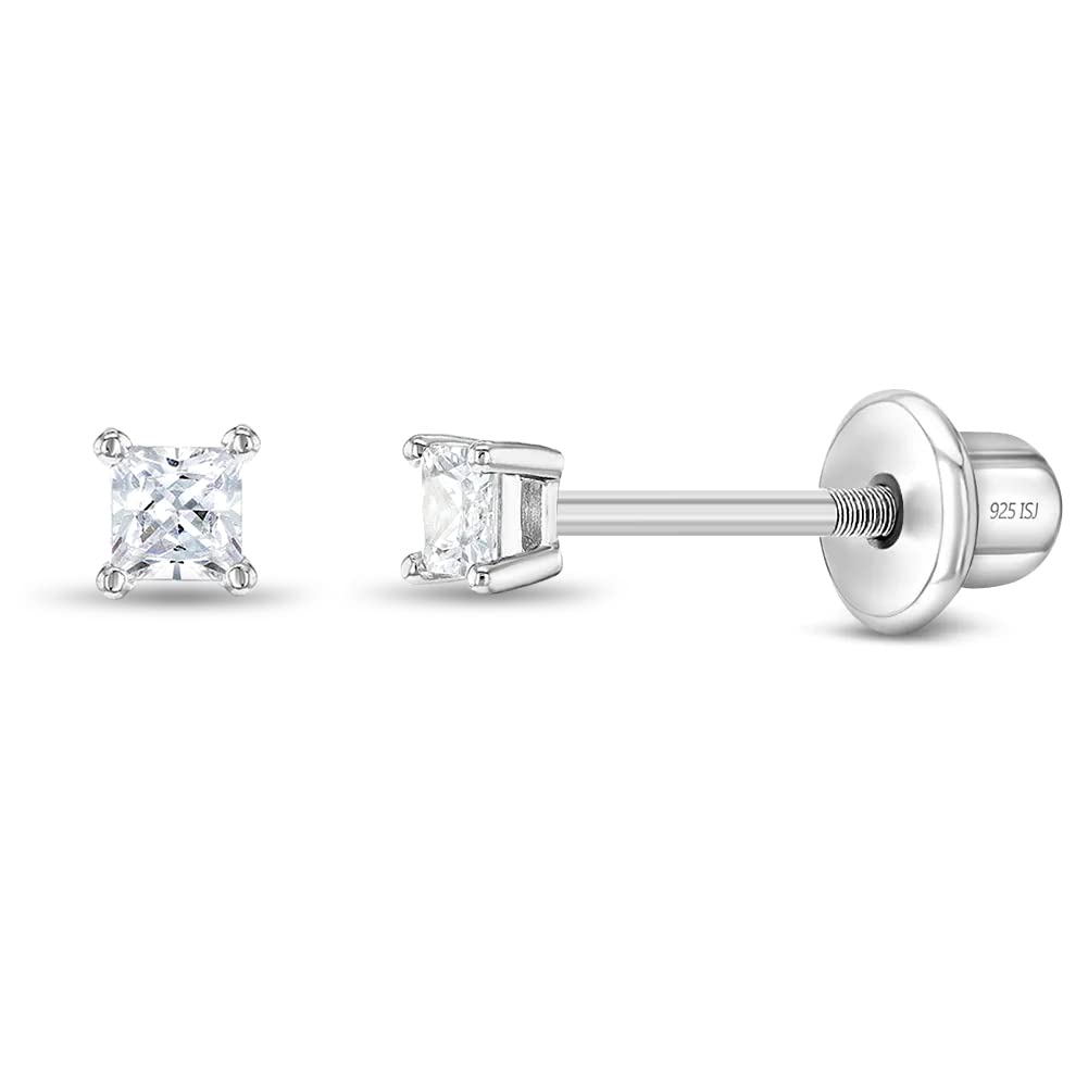 In Season Jewelry Sterling Silver Tiny Princess Square Cut Earrings - 2mm
