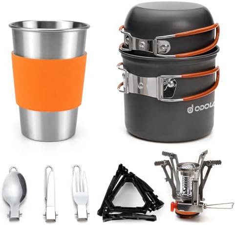 Odoland Camping Cookware Stove Carabiner Canister Stand Tripod and Stainless Steel Cup, Tank Bracket, Fork Spoon Kit for Backpacking, Outdoor Camping Hiking and Picnic