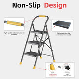 Step Ladder Foldable Folding Stool - for Home Adults Kitchen 3 Stepping Extension Tall Heavy Duty with Handrails - Closet Stepstool Stair Ladders Extendable Stepladder for Indoor House 600Lbs