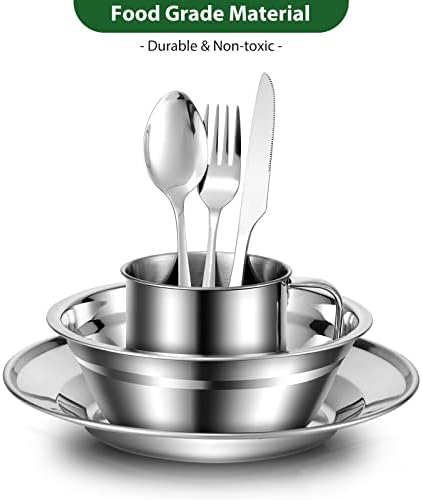 Odoland 29pcs Stainless Steel Utensils Camping Tableware Kit with Bowls Plates Cups Forks Spoons and Knives for 4, Cutlery Flatware Set for Backpacking, Outdoor Camping Hiking and Picnic