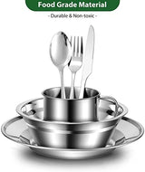 Odoland 29pcs Stainless Steel Utensils Camping Tableware Kit with Bowls Plates Cups Forks Spoons and Knives for 4, Cutlery Flatware Set for Backpacking, Outdoor Camping Hiking and Picnic