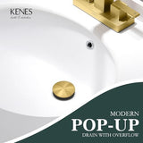 KENES Brushed Gold Pop Up Bathroom Sink Drain with Overflow Assembly with Strainer Lavatory Vanity Vessel Pop Up Drain Stopper