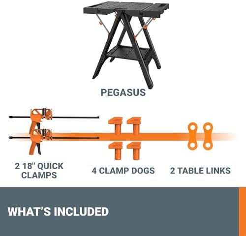 Worx Pegasus 2-in-1 Folding Work Table & Sawhorse, Easy Setup Portable Workbench, 31" W x 25" D x 32" H Lightweight Worktable with Heavy-Duty Load Capacity, WX051 - Includes 2 Clamps & 4 Clamp Dogs