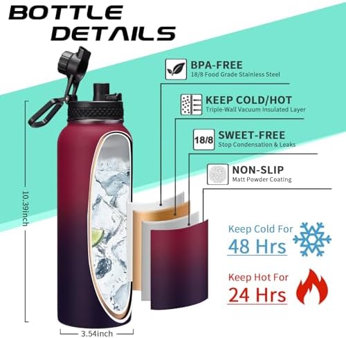 40OZ Stainless-steel Water-Bottle with Straw - Pop-up Spout & Straw Lids, Survival Paracord Handle, Storage Sleeve & Cup Mat, Leak Proof Reusable Insulated Men Women Water Jug for Gym Workout