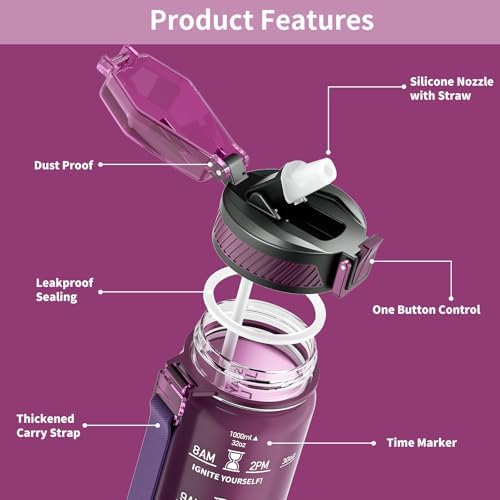 Water Bottle with Straw, 32oz Motivational Water Bottles with Time Marker to Drink, Tritan BPA Free, 1L Sports Water Bottle with Carry Strap LeakProof for Women Gym Fitness Outdoor (1 Pack)