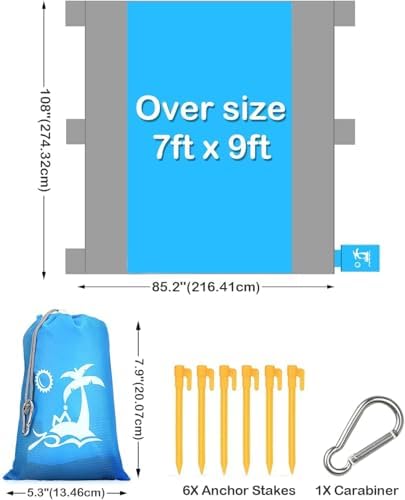 POPCHOSE Beach Blanket, Sandfree Beach Mat ‎108"x85.2"/83"x78" for 7 Persons, Extra Large Beach Blanket Waterproof Sandproof with 6 Stakes, Easy to Clean, Lightweight Compact Beach Accessories