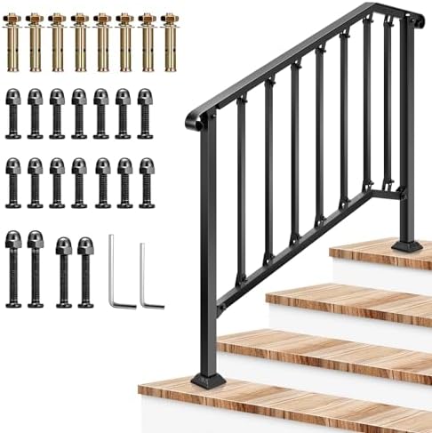 VIVOSUN Outdoor Handrail, 4 Step Stair Handrail, 54" x 36" Fits 1 to 4 Steps, Wrought Mattle Iron Stair Railing with Curved End and Balusters for Concrete Step, Porch Steps, One-Step Assembly, Black