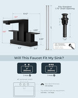 FORIOUS 4 Inch Centerset Bathroom Faucet Black 3 Hole or 2 Hole, Square Matte Black Bathroom Sink Faucet Centerset 4" with Metal Pop Up Drain, 24" CUPC Hose and Spare Water Saving Aerator