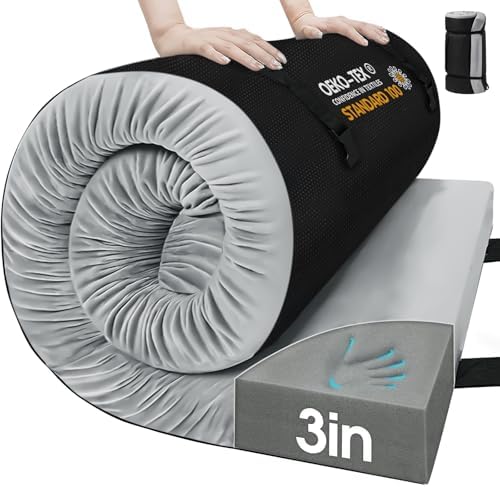 CYMULA Memory Foam Camping Mattress Pad,3inch Sleeping Pad for Camping,Non-Slip Bottom Floor Cot Mattress Bed with Retaining Portable Roll up Mattress Pad Mat for Travel Truck Guest Bed Tent