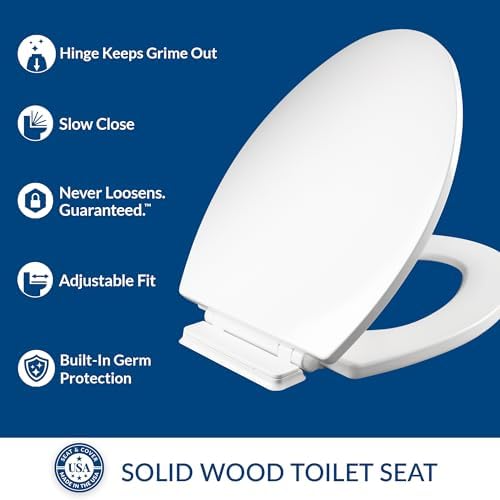 Mayfair Ashton Easy to Clean Single Hinge Toilet Seat, Modern Slow Close Wood Toilet Seat, Made in USA, Elongated, White