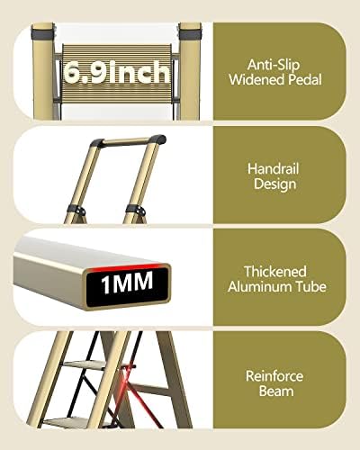 WOA WOA 5 Step Ladder, Ladders for Home, Anti-Slip Pedals, Aluminum Step Stool Foldable, Lightweight to Move, Ease of Storage, Reach 10ft for Closet Kitchen Library, Hold 300lbs - Gold