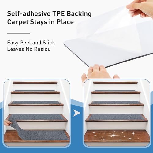 Non Slip Stair Treads for Wooden Steps,15 Pack 8" X 30" Stairs Carpet Treads Indoor with Reusable Peel and Stick Adhesive for Kids Elders and Pets