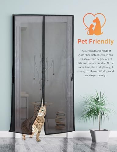 Magnetic Screen Door, Fit for Door Size:30"x80", Screen Itself Size 32"x81" Hands Free Entry, Pet and Kid Friendly, Reinforced Fiberglass Screen Door Mesh w/ 34 Strong Magnets for Patio/Front/Doorway